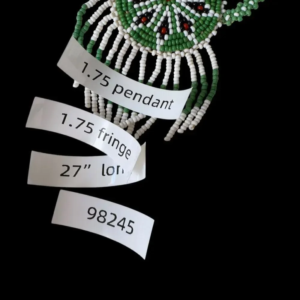Vintage Native Tribal Seed Bead Necklace White Green Tassel Cool w Leather Back